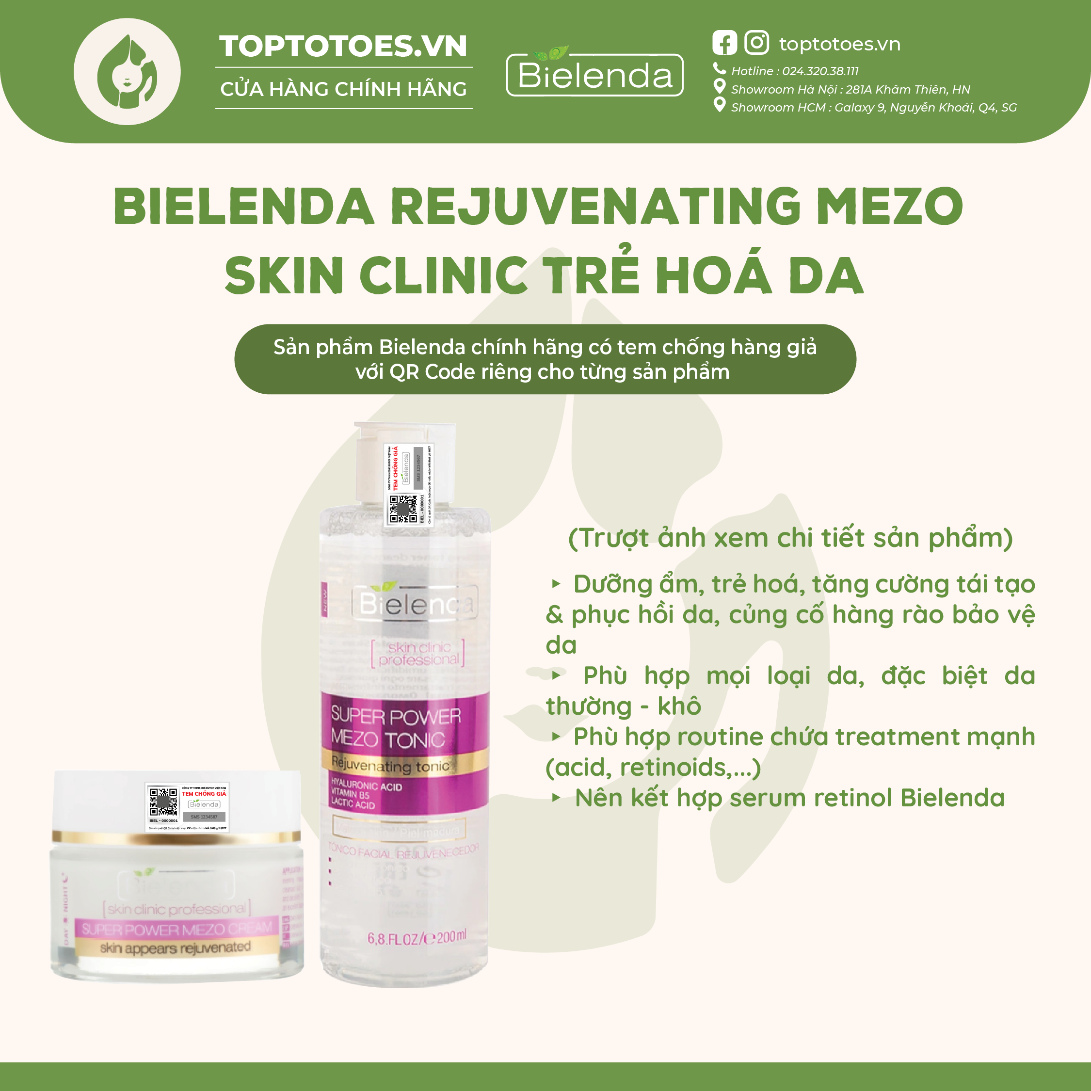 Toner & Kem dưỡng Bielenda Rejuvenating Mezo Skin Clinic dưỡng ẩm sâu phục hồi & trẻ hoá da