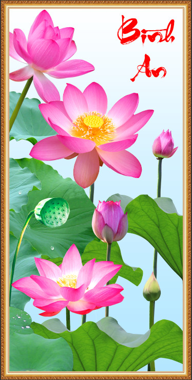 Tranh 3D hoa sen thư pháp dán tường