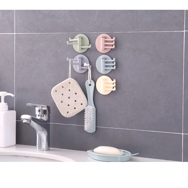 Móc Nhựa Dán Tường 3 Móc Kèm 1 Miếng Dính Tường Xoay 180º Treo Đồ Đa Năng Tiện Lợi