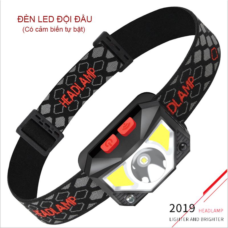 Đèn Pin LED đội đầu cảm biến T069, 3 bóng led (1XPE+2COB) - pin sạc gắn bên trong