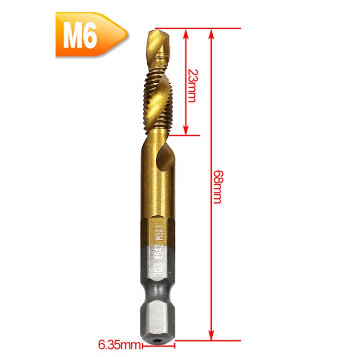 Set 6. Drill Bits, Taro M3-M10, Used for Fast Drilling of Threaded Holes. Material: Hss Steel, Heat-Resistant Gold Titanium Coating. Tn655