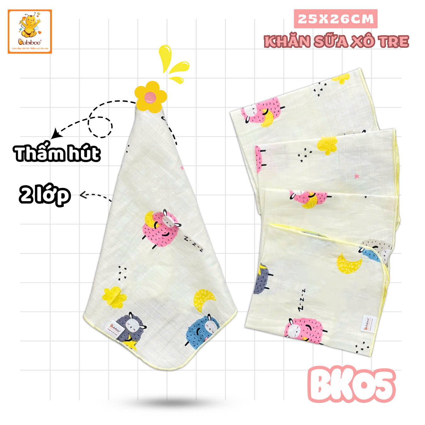 Khăn gạc sơ sinh BABIBOO khăn cho bé sơ sinh (SET 5 KHĂN) BK05