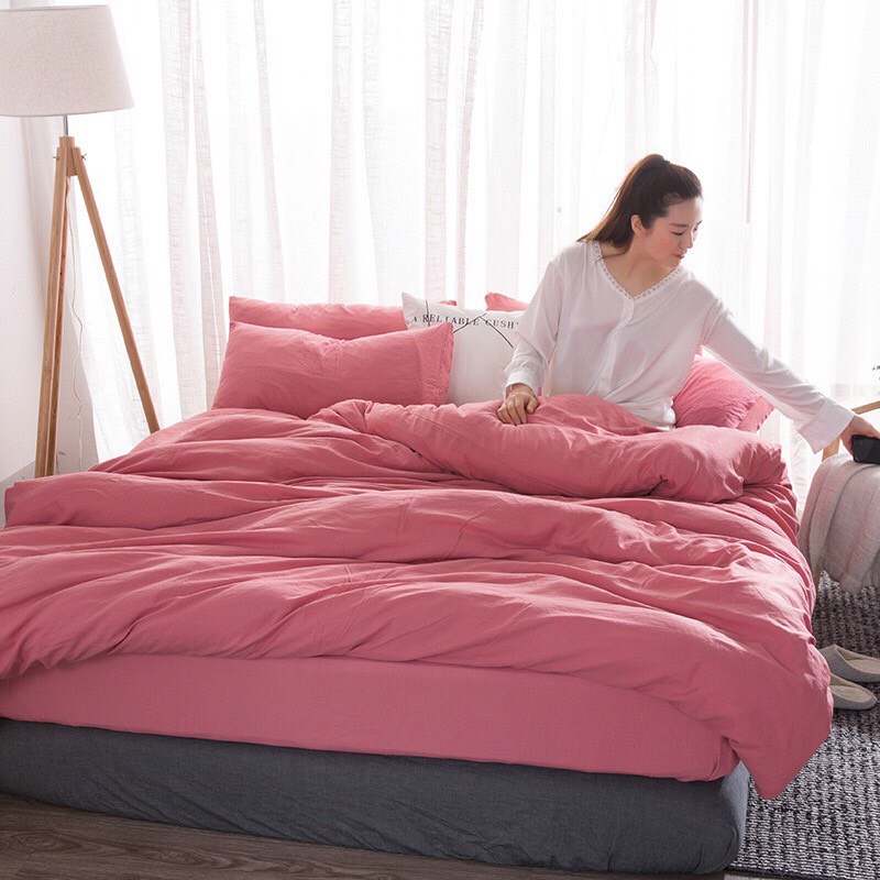 TRỌN BỘ 4 MÓN CHĂN GA GỐI ĐŨI COTTON NHẬP MÀU HỒNG PHẤN