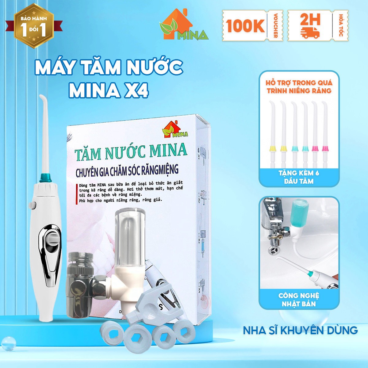 Tăm Nước. Máy Tăm Tước. Mina Bất Tử. Công Nghệ Nhật. Không Dùng Điện. Không Đổ Nước. Bảo hành đổi mới 36 tháng. Tặng Kèm 6 Đầu Tăm .Tặng Kèm Bình Trộn. Nút Tắt Bật, Chỉnh Áp Lực Trên Thân Tăm. Tam Nuoc. May Tam Nuoc