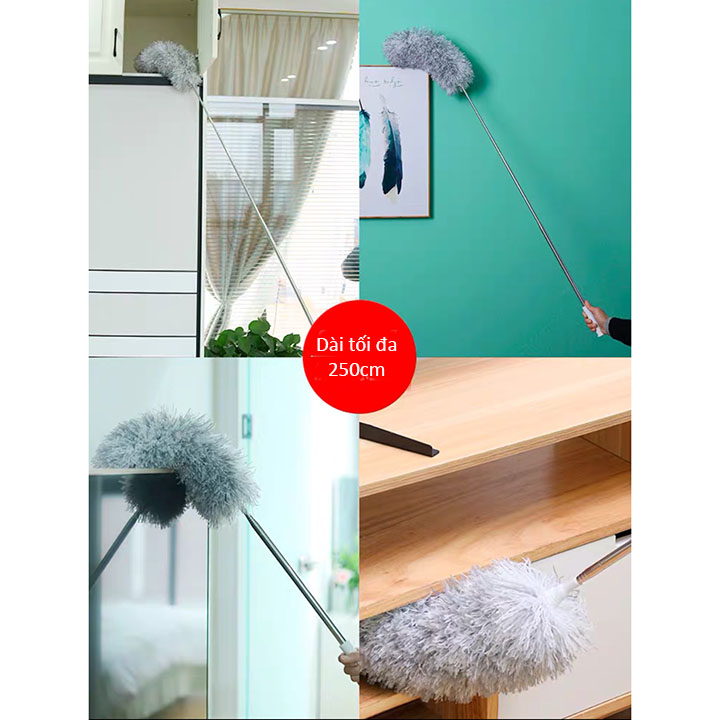 Chổi quét trần nhà-Chổi quét nhà- Cây chổi lông quét lau bụi mạng nhện trần nhà đa năng cán dài inox rút gọn gập được 90 độ thông minh