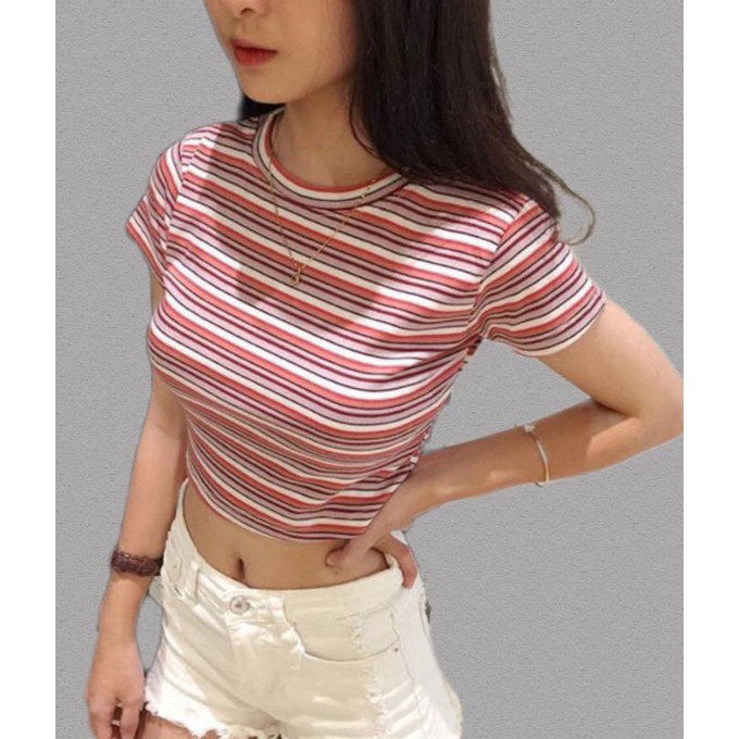 ÁO CROPTOP TAY NGẮN KẺ SỌC ÔM BODY SIÊU TÔN EO - Áo croptop tay ngắn cổ tròn họa tiết kẻ sọc cho phái nữ