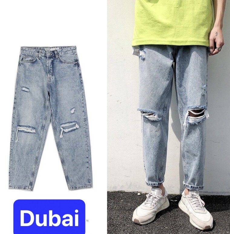 QUẦN BAGGY JEAN NAM CHẤT BÒ ỐNG RỘNG RÁCH GỐI XÌ TEEN HÈ NHẬT BẢN HOT TREND DB-46 - DUBAI FASHION