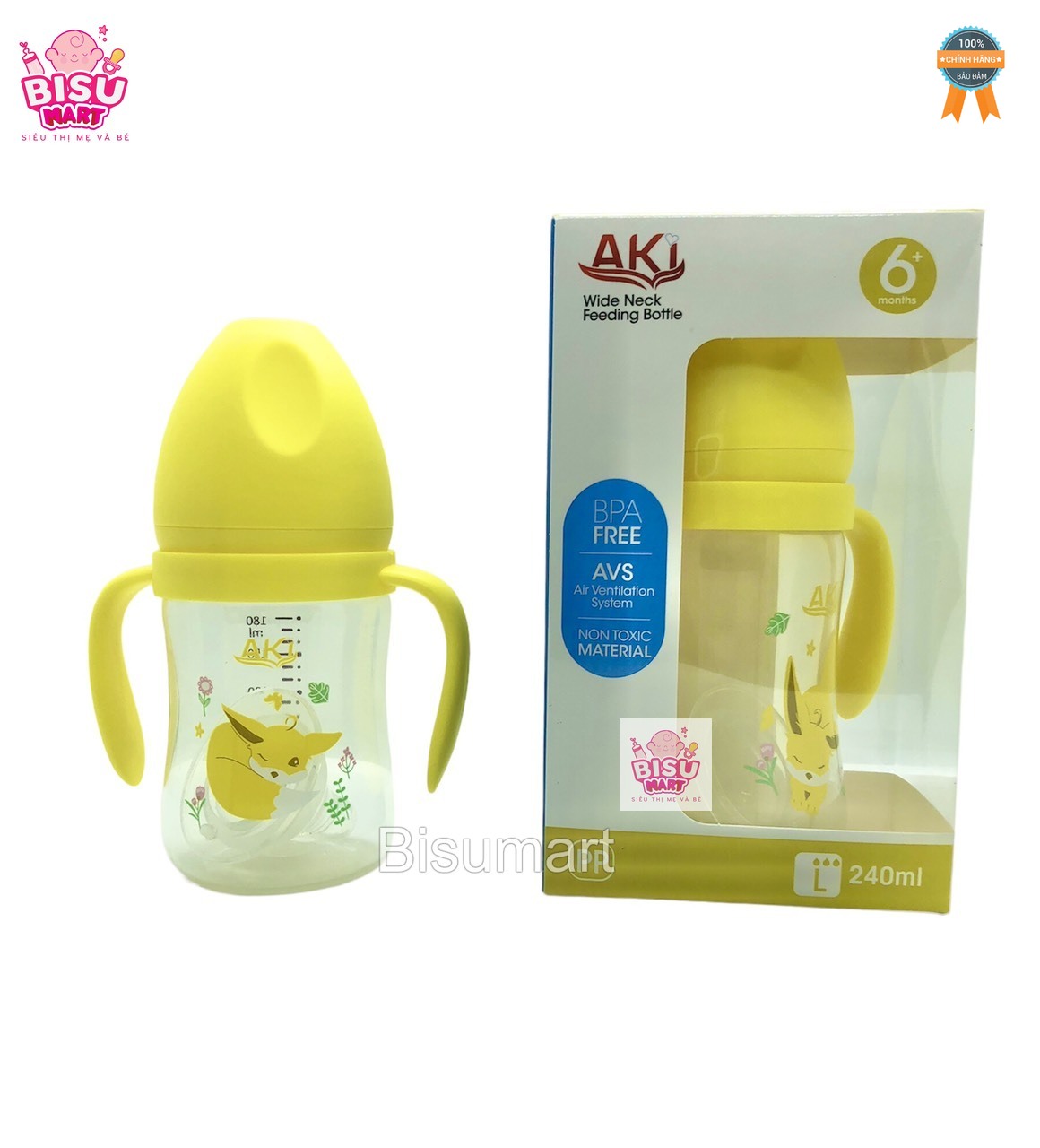 Bình Sữa Cổ Rộng PP AKI 180ml - 240ml - 300ml (tặng kèm núm vú cổ rộng)
