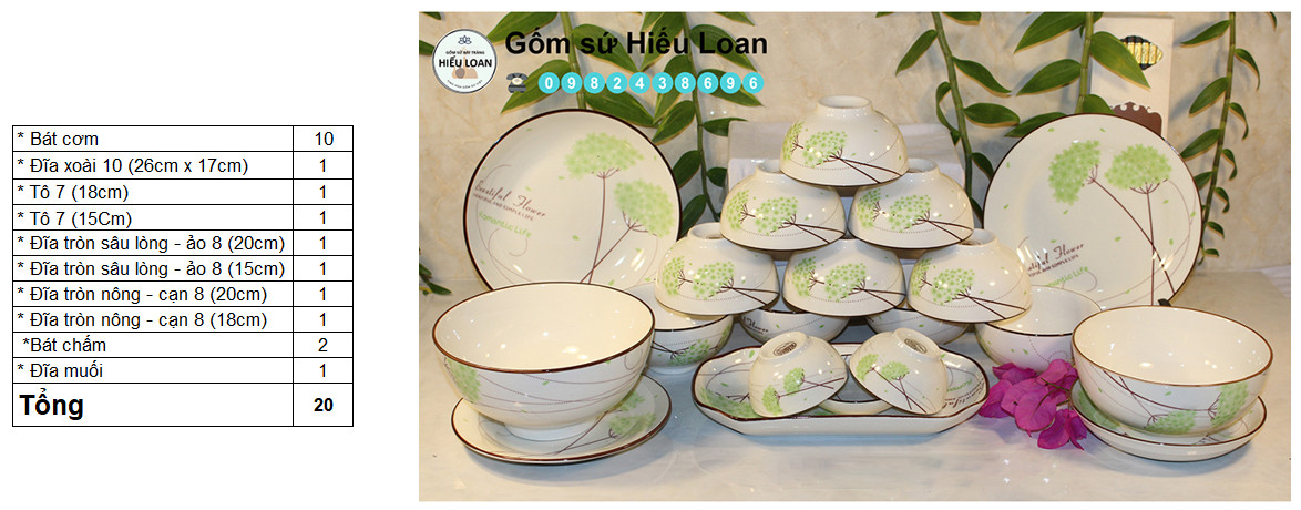 Bộ Bát Đĩa Bát Tràng [20 MÓN] - Bộ Bát Đĩa Cao Cấp [XUÂN XANH]