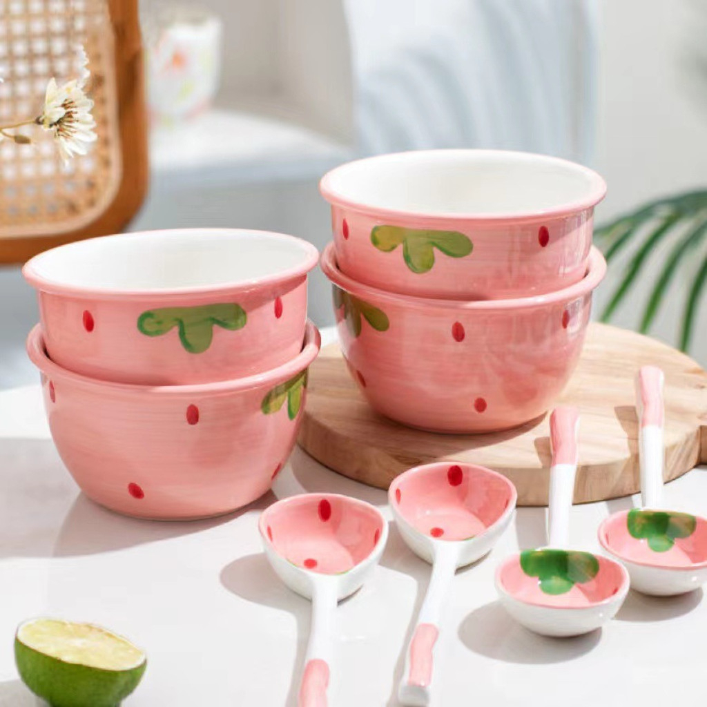 Bát đĩa decor, Chén dĩa dễ thương, Bát ăn cơm tim dâu hồng siêu xinh