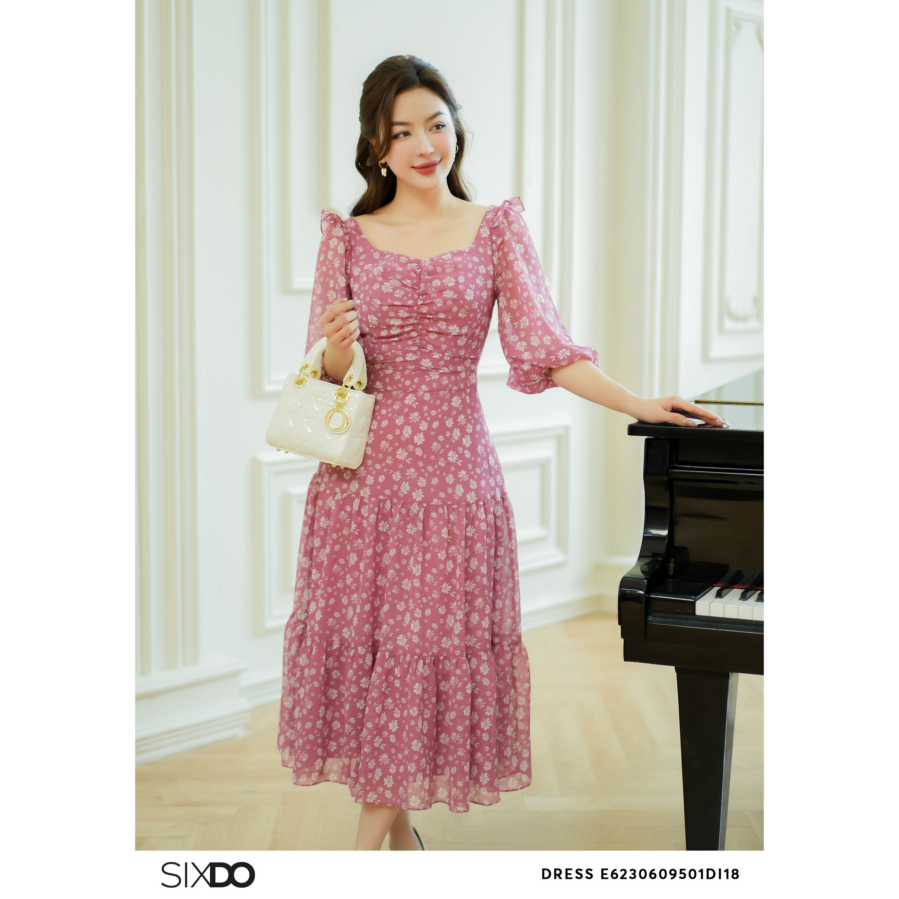 Đầm voan hoa tay phồng SIXDO (Floral Midi Voile Dress)