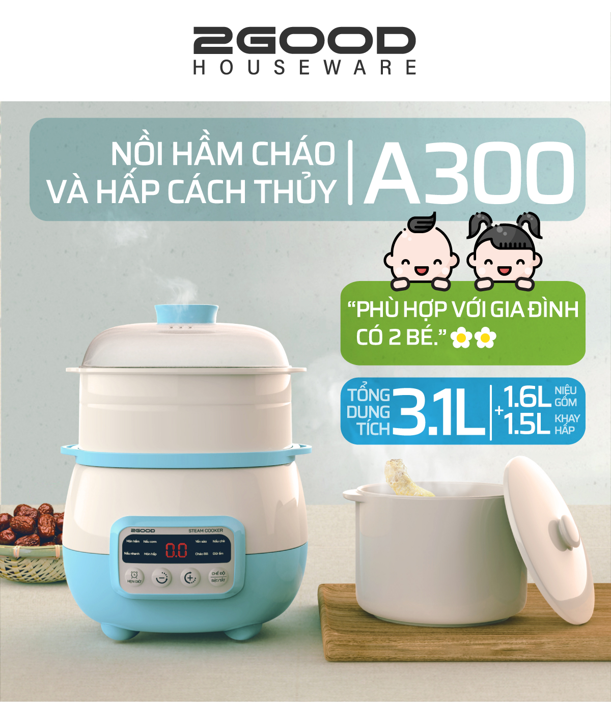 Nồi Hầm Chậm Cách Thủy 2GOOD A300 3.1 Lit ( Niêu gốm 16L + Lồng hấp 15L)