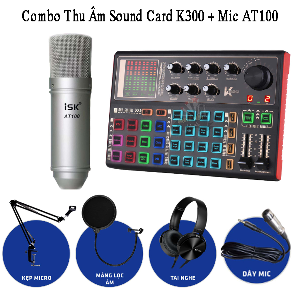 Trọn Bộ Combo Thu Âm Chuyên Nghiệp Sound Card K300 Và Mic Thu Âm AT100 Chuyên Thu Âm, Livestream, Karaoke Online – Livestream Được 3 Điện Thoại, Khử Tiếng Ồn, Tạp Âm, Độ Nhạy Mic Tốt, Kết Nối Bluetooth