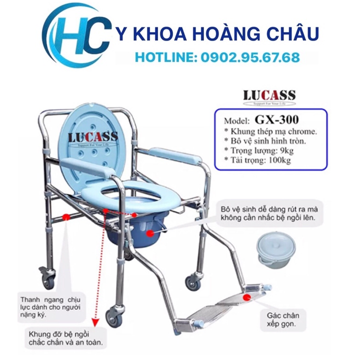 Ghế bô vệ sinh có bánh xe, bô tròn, có gác chân gấp gọn lucass gx-300