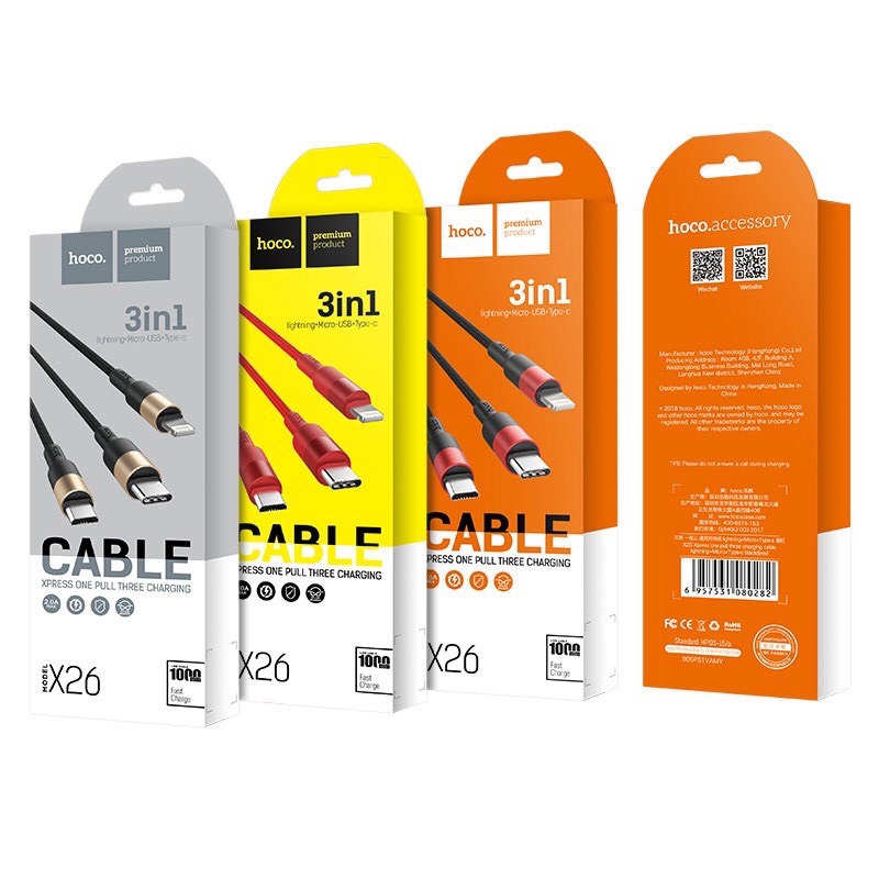 Dây cáp sạc hoco 3 đầu Iphone - Micro USB - TypeC cáp dài 1m bảo hành 3 tháng 1 đổi 1