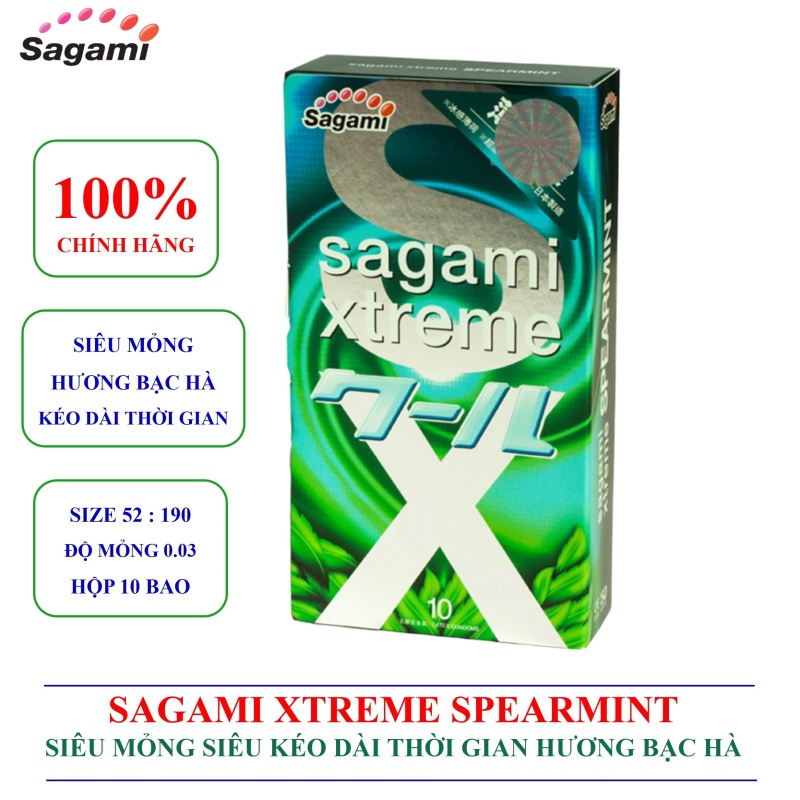 [SAGAM] Bao cao su siêu mỏng siêu kéo dài thời gian hương bạc hà Sagami xtreme Spearmint hộp 10 bao cao su nhập khẩu