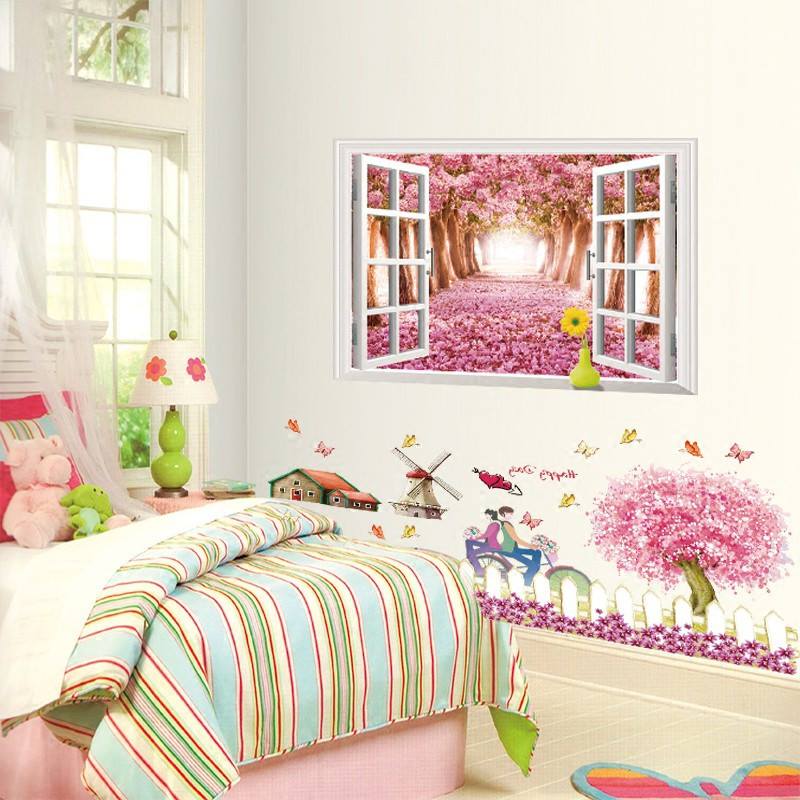Decal dán tường tết cửa sổ anh đào và hàng rào hồng