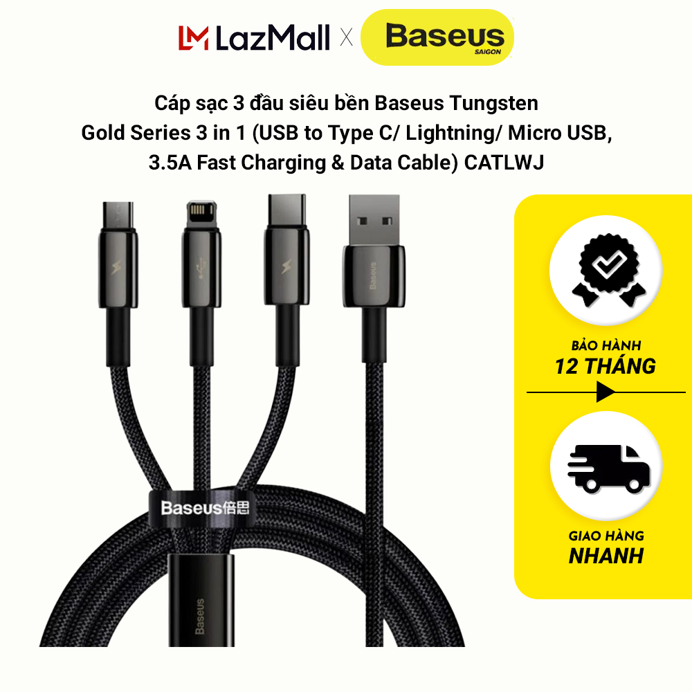 Cáp sạc 3 đầu siêu bền baseus tungsten gold series 3 in 1 catlwj