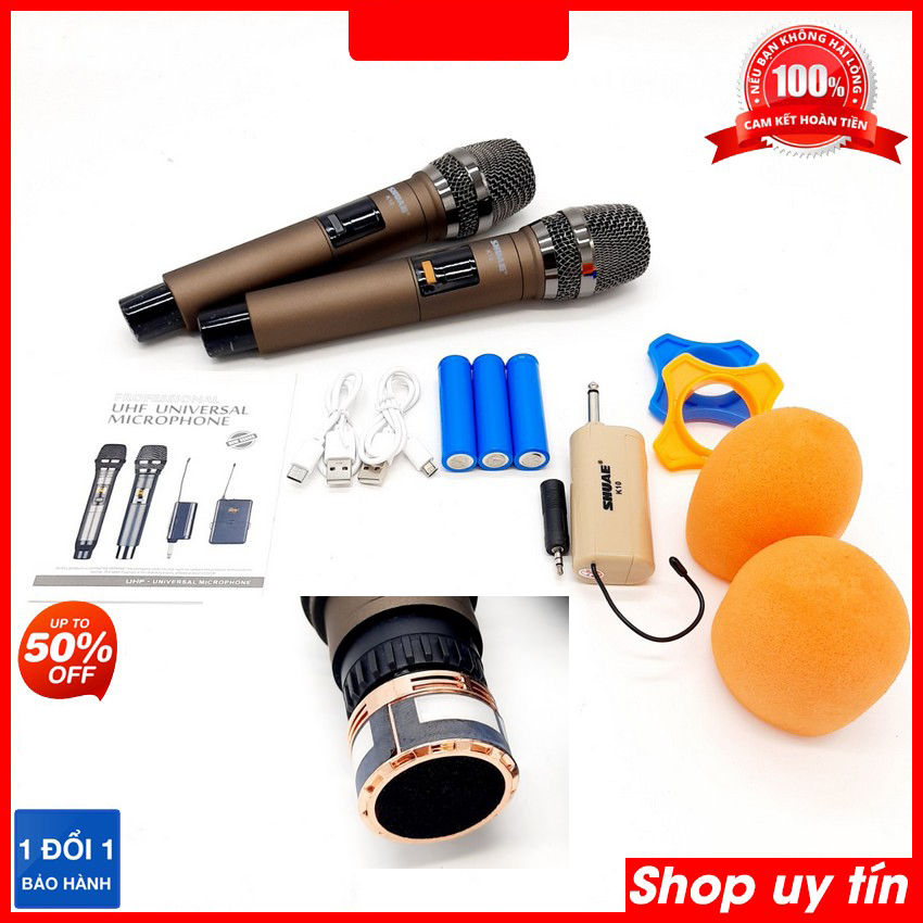 [HCM]Trọn Bộ Micro không dây cao cấp SHUAE K10 H2PRO Micro Hát Karaoke Đôi Chuyên Dành Cho Mọi Loa Kéo Âm LyTrọn Bộ 2 Micro Không Dây Cao Cấp SHUAE K10 Micro Karaoke Bluetooth cầm tay giá rẻ Pin Khủng tặng pin và 2 Silicon Chống lăn
