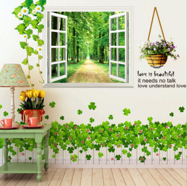 DECAL DÁN TƯỜNG CỬA SỔ VÀ HÀNG RÀO XANH