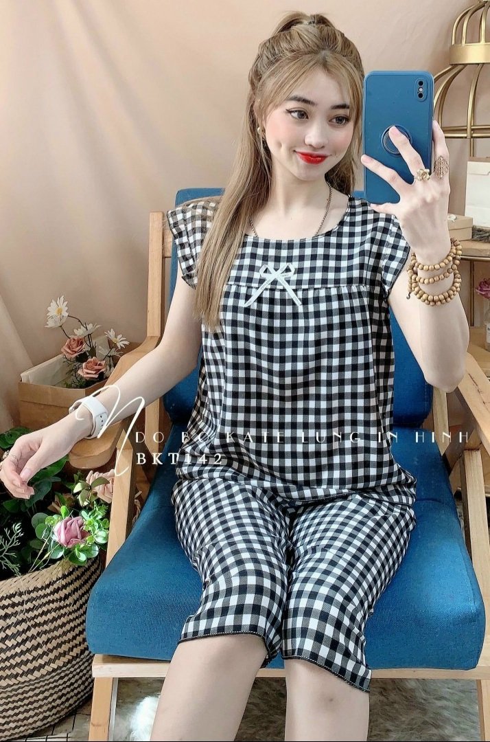 Đồ bộ mặc nhà kate lụa caro dễ thương
