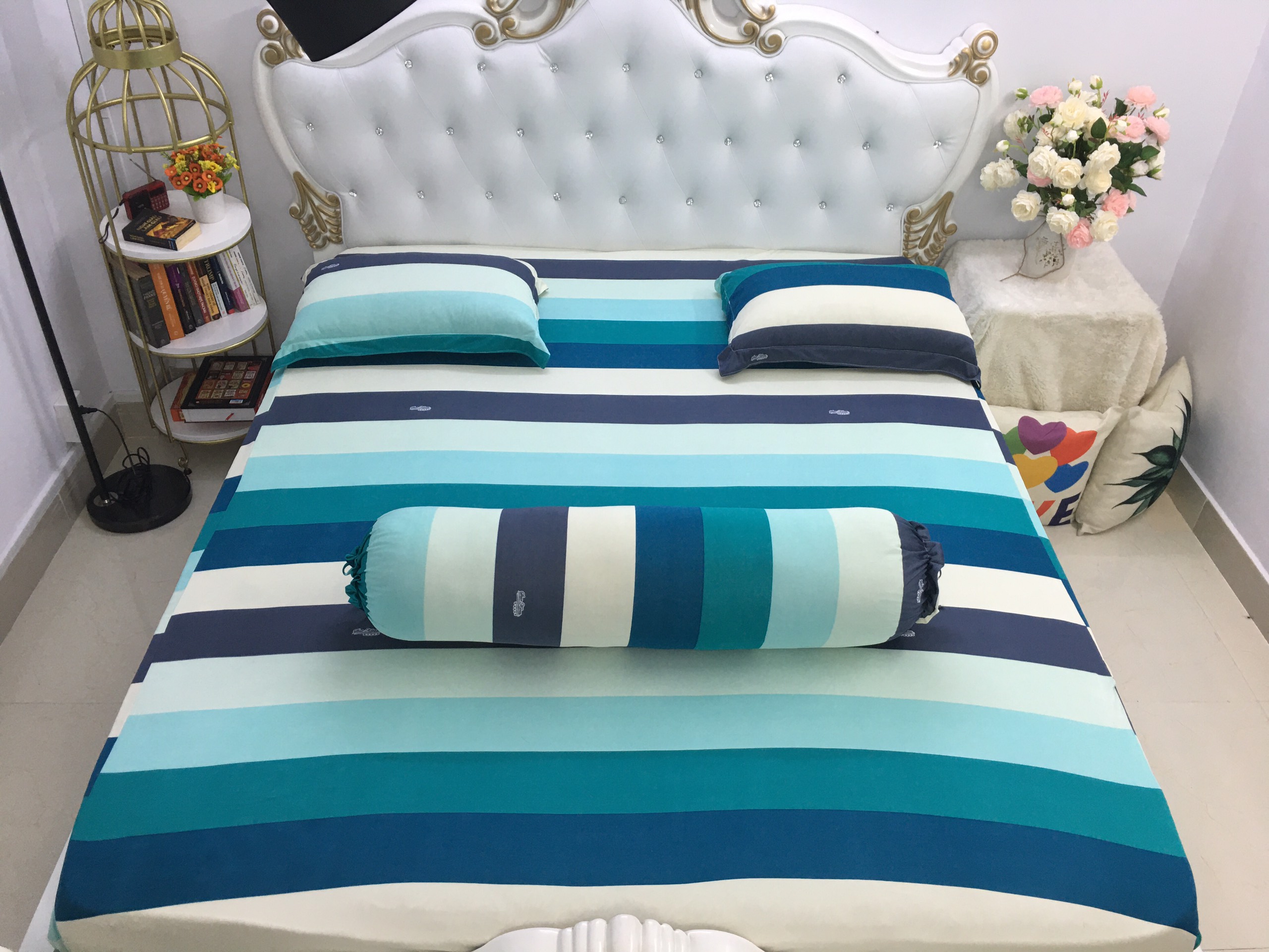 Bộ ga giường - drap thun Hàn mẫu cầu vòng (1 ga nệm, 2 vỏ gối nằm, 1 vỏ gối ôm)