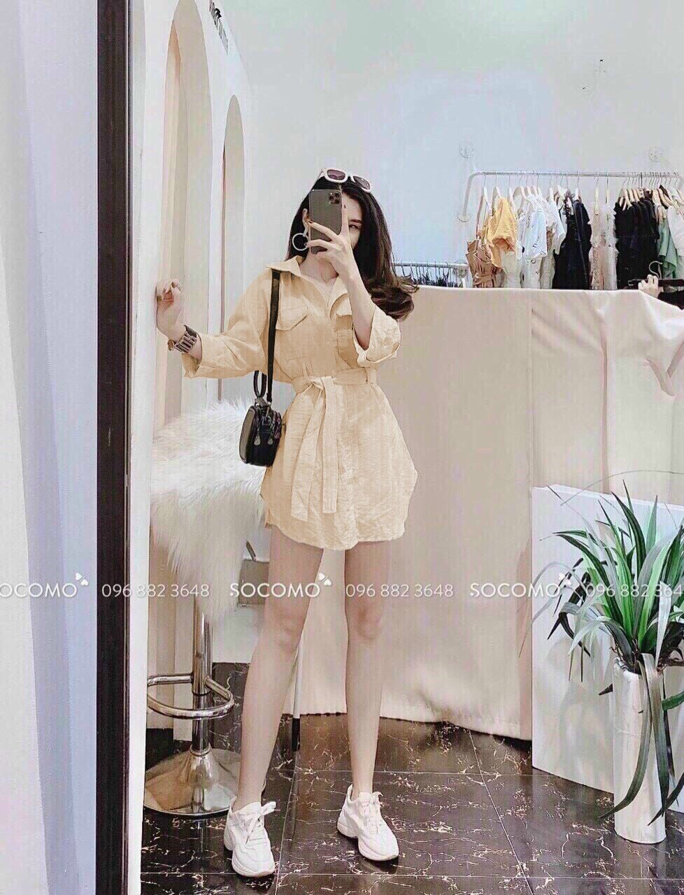 Sét sơ mi tay dài cột nơ eo cực xinh