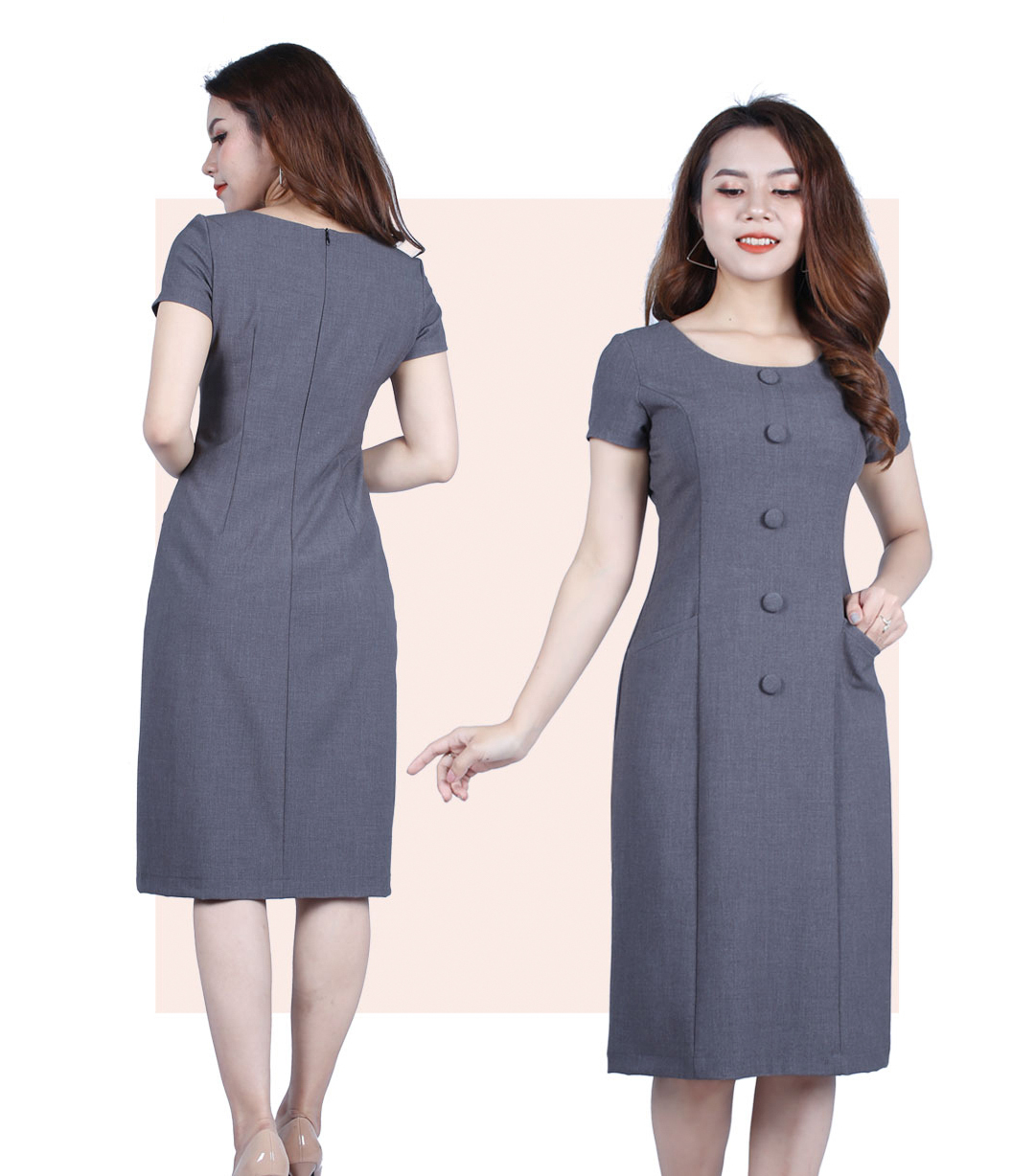 Đầm Suông Cổ Điển Phối Cúc Che Bụng Vải Mềm Mát DL508-776
