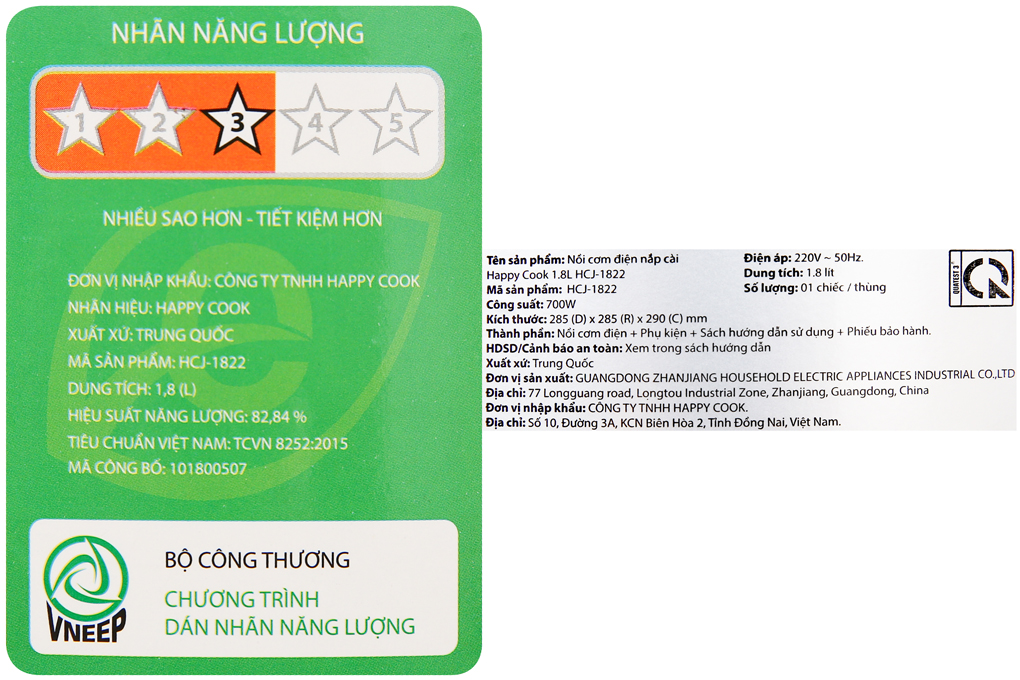 Nồi cơm điện Happycook 1.8 lít HCJ-1822