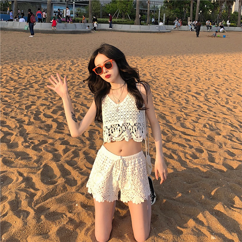 Set ren bikini vintage đi biển gồm 2 món bra và sooc