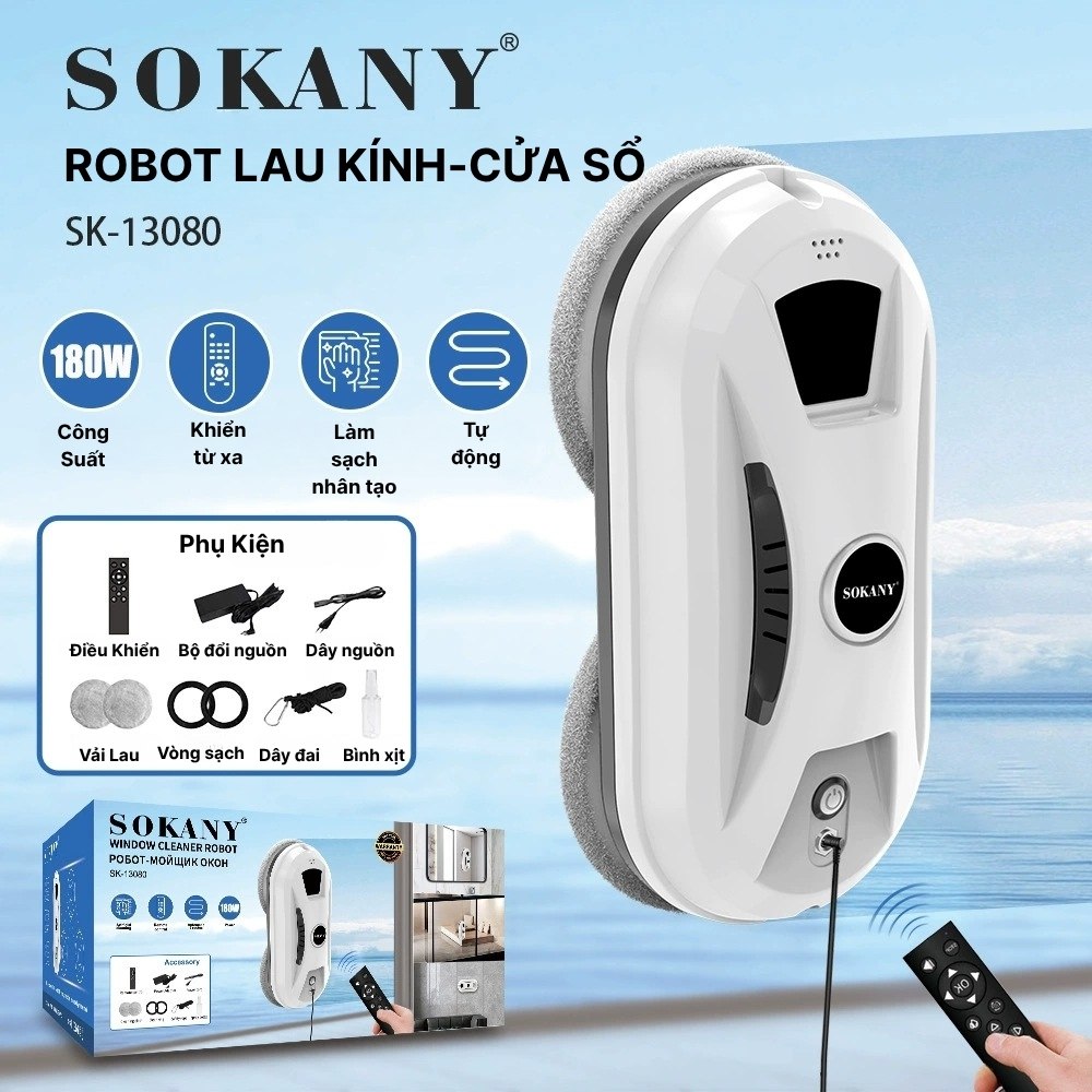 Robot lau kính cửa sổ SOKANY SK-13080 tự động, cảm biến thông minh, điều khiển từ xa, vệ sinh hiệu quả, tiện lợi
