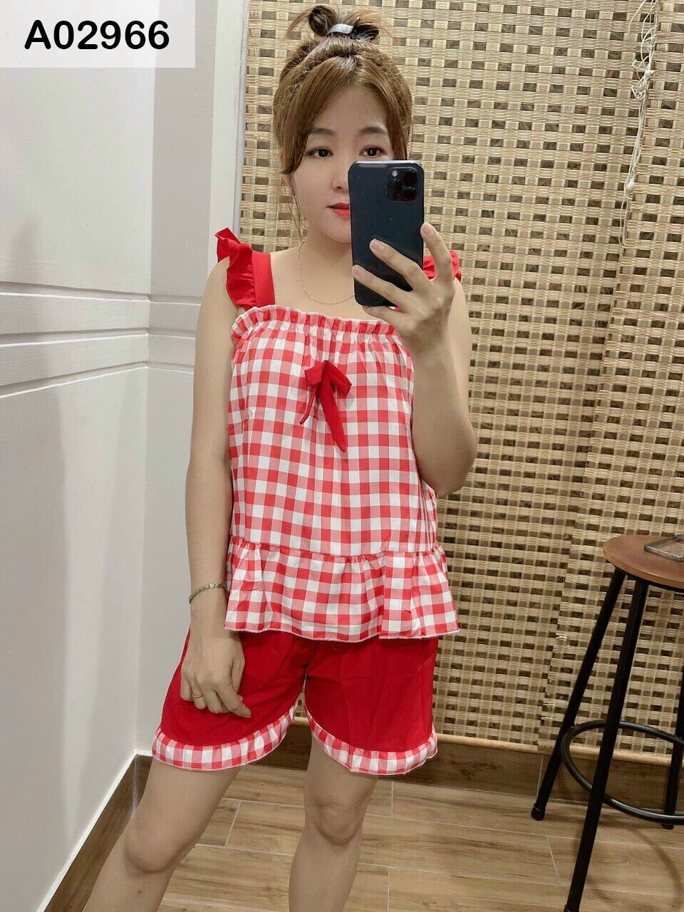 Set Bộ Kate Lụa Phối Sọc Caro Dễ Thương