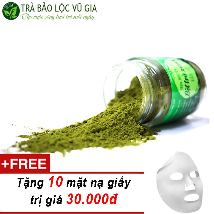 Bột Trà Xanh Nguyên Chất Vũ Gia (100g/hũ) + Tặng 10 Mặt nạ giấy đắp mặt - Hỗ trợ đắp mặt, chăm sóc da, tái tạo da phục hồi sau tổn thương  - Đã được kiểm nghiệm y tế