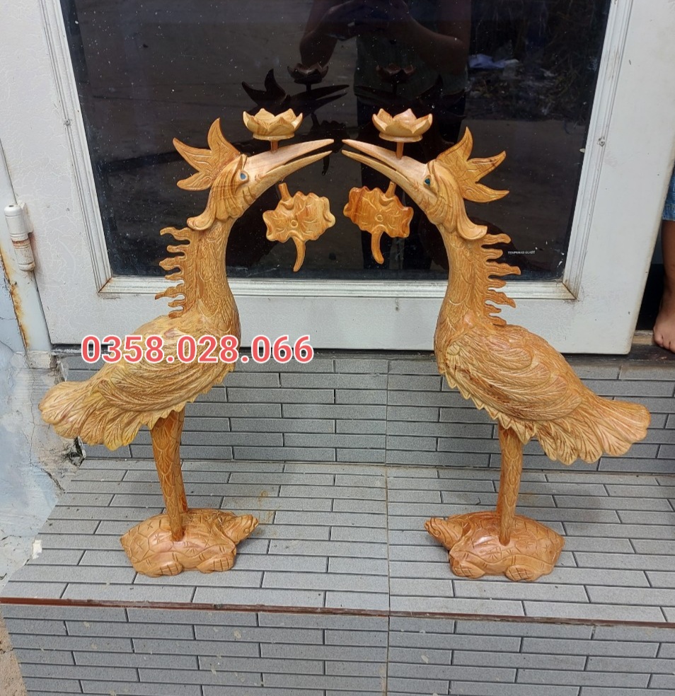 Cặp hạc thờ gỗ gõ cao 50-60-70 cm