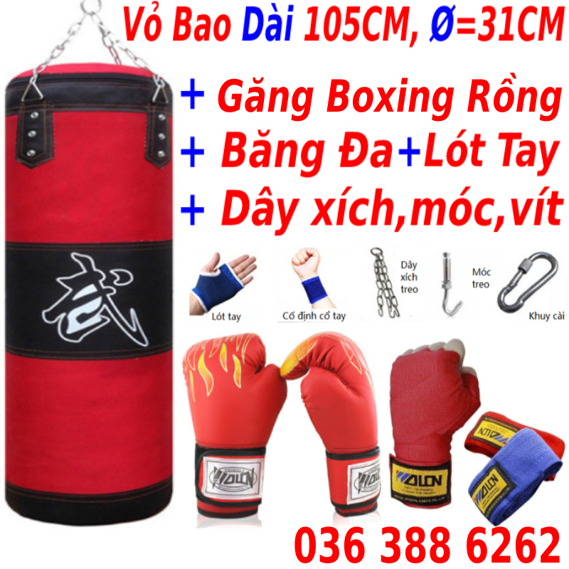 Vỏ Bao Cát Đấn Bốc Boxing + Găng BOXING MMA Hở Ngón Walon + băng đa  - Thiết bị tập luyện võ thuật chuyên nghiệp