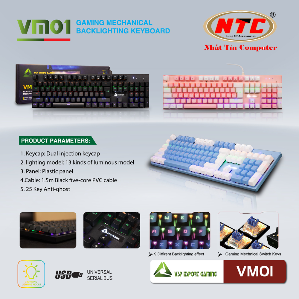 Bàn phím cơ gaming vsp esport vm01 - 13 chế độ led, anti ghost 25 phím - nhat tin authorised store