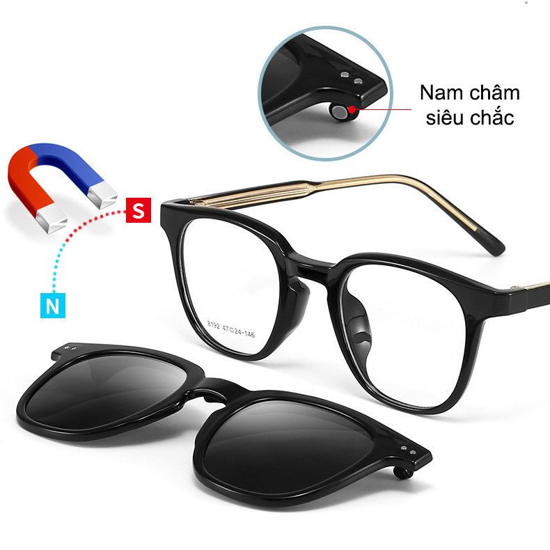 Gọng kính cận râm vuông [clip-on] phân cực 8912 ( tặng kèm thẻ thử phân cực )