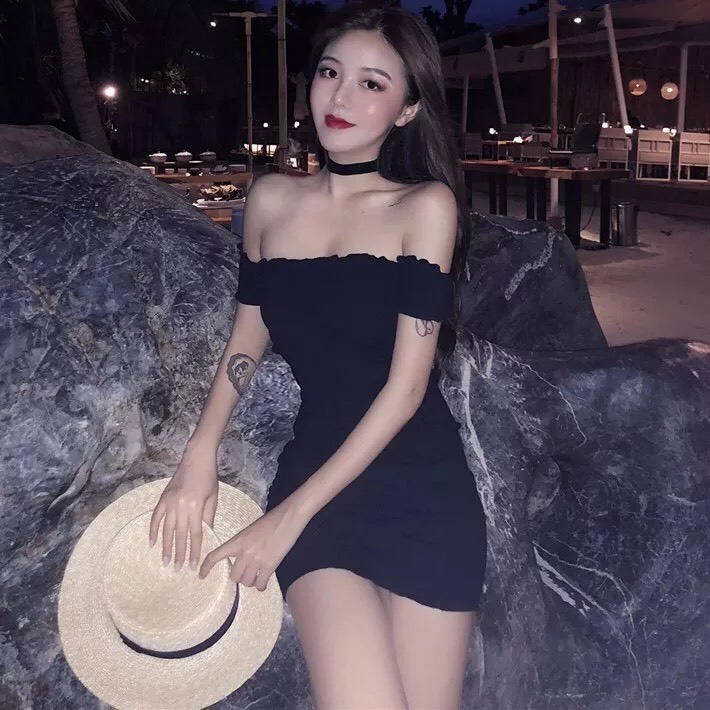 Đầm body trễ vai - Váy body trễ vai tay cuốn bèo hàng y hình cực sexy chính phẩm - CHENS