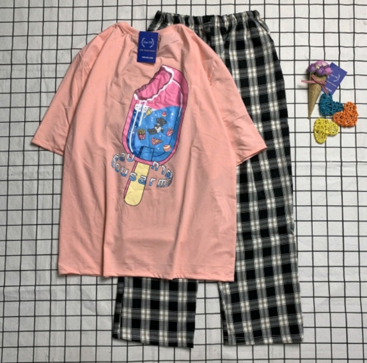 Set set home wear long pants checkerboard ống loose pullover Cotton