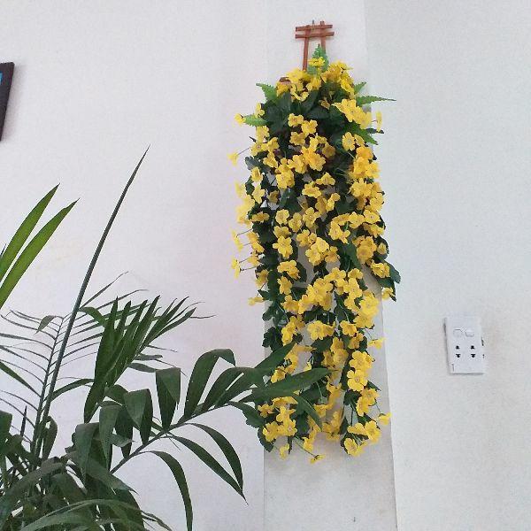Giỏ hoa rũ treo tường có mành trúc