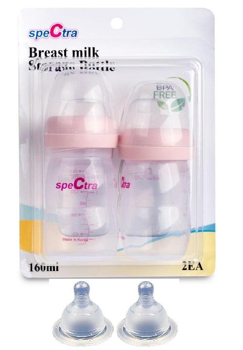 [HCM]Bộ 2 bình trữ sữa cổ rộng 160ml + 2 núm ti size M (cho bé từ 3 đến 7 tháng tuổi) không BPA SPECTRA (Hàn Quốc)