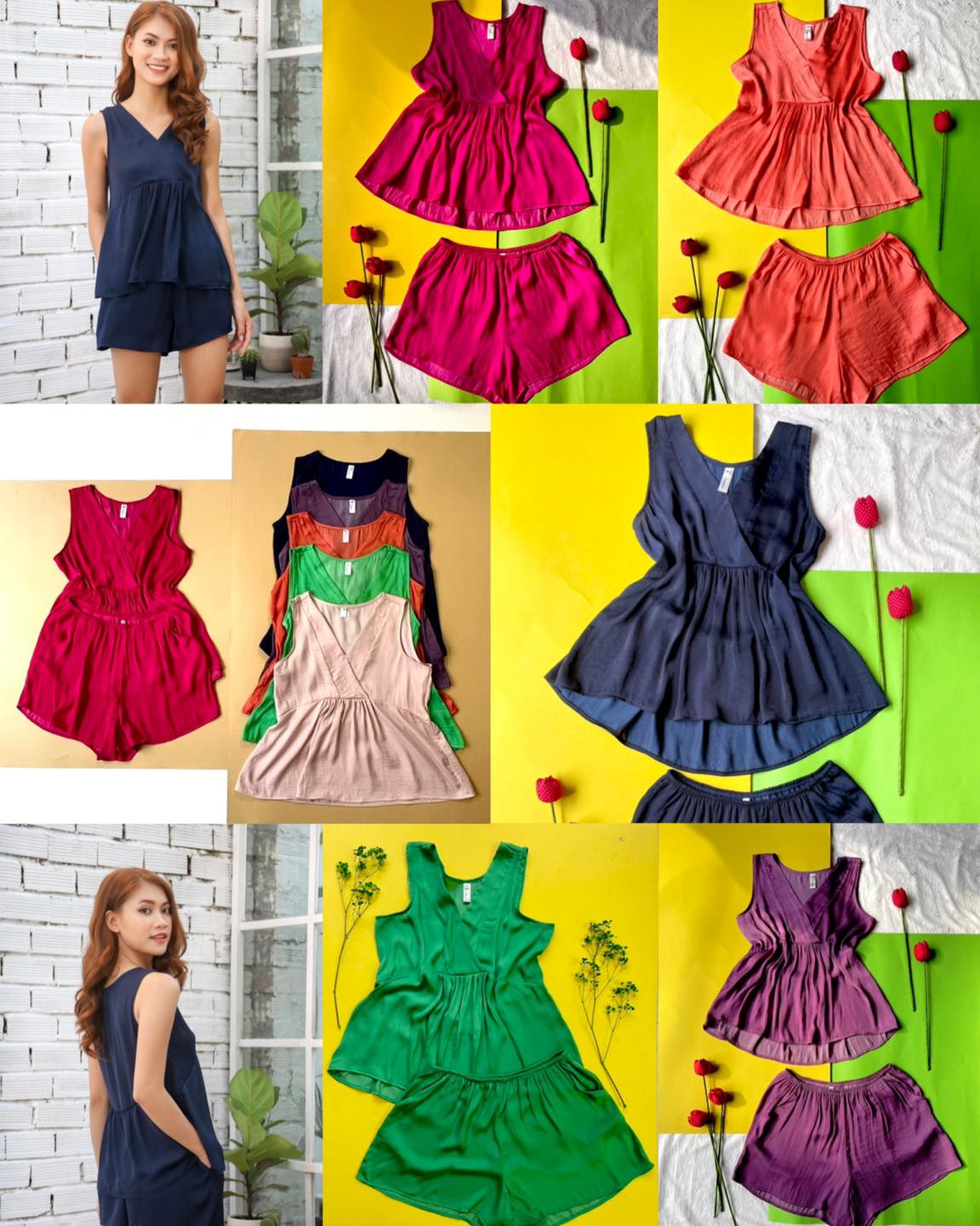 Đồ bộ lụa đùi mặc nhà cổ V nhún không tay Infashion