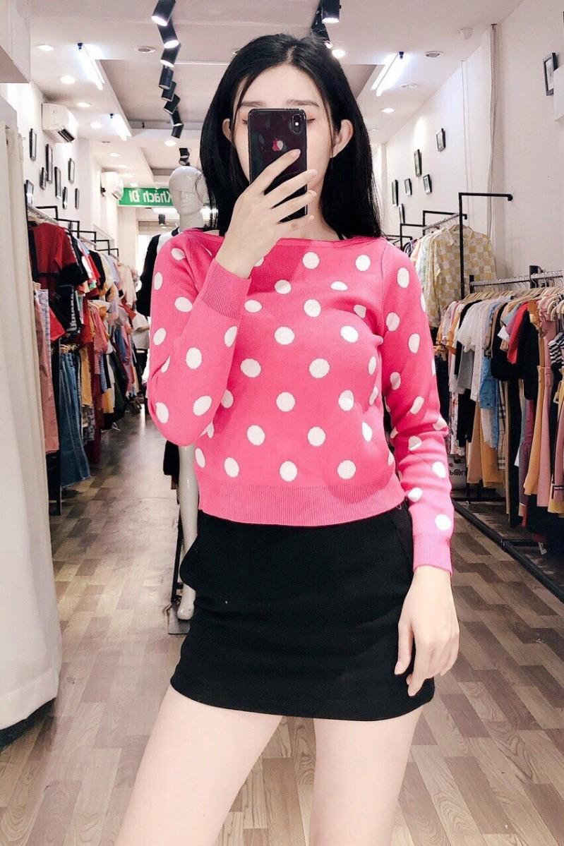 Áo len nữ chấm bi cô tròn tay dài siêu xinh