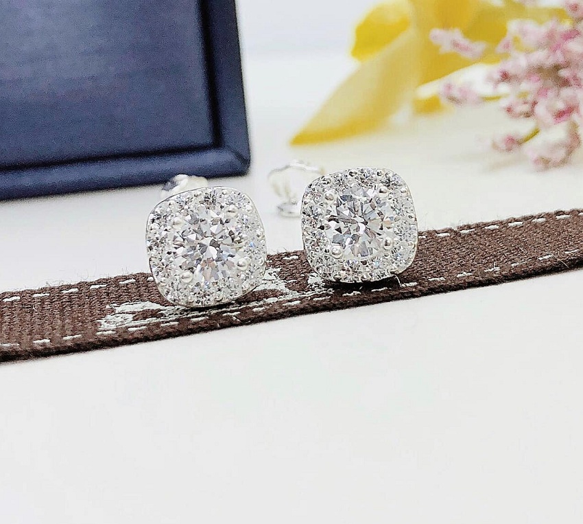 Bông tai bạc gắn đá hình vuông góc tròn chốt vặn chắc chắn không đau tai
