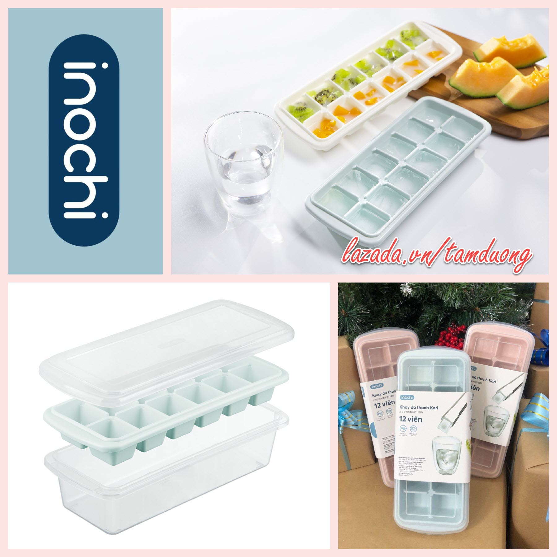Khay đá vuông Inochi 12 viên (có thể làm đá, làm thạch, trữ đồ ăn dặm) [HCM-Giao hoả tốc 2h]
