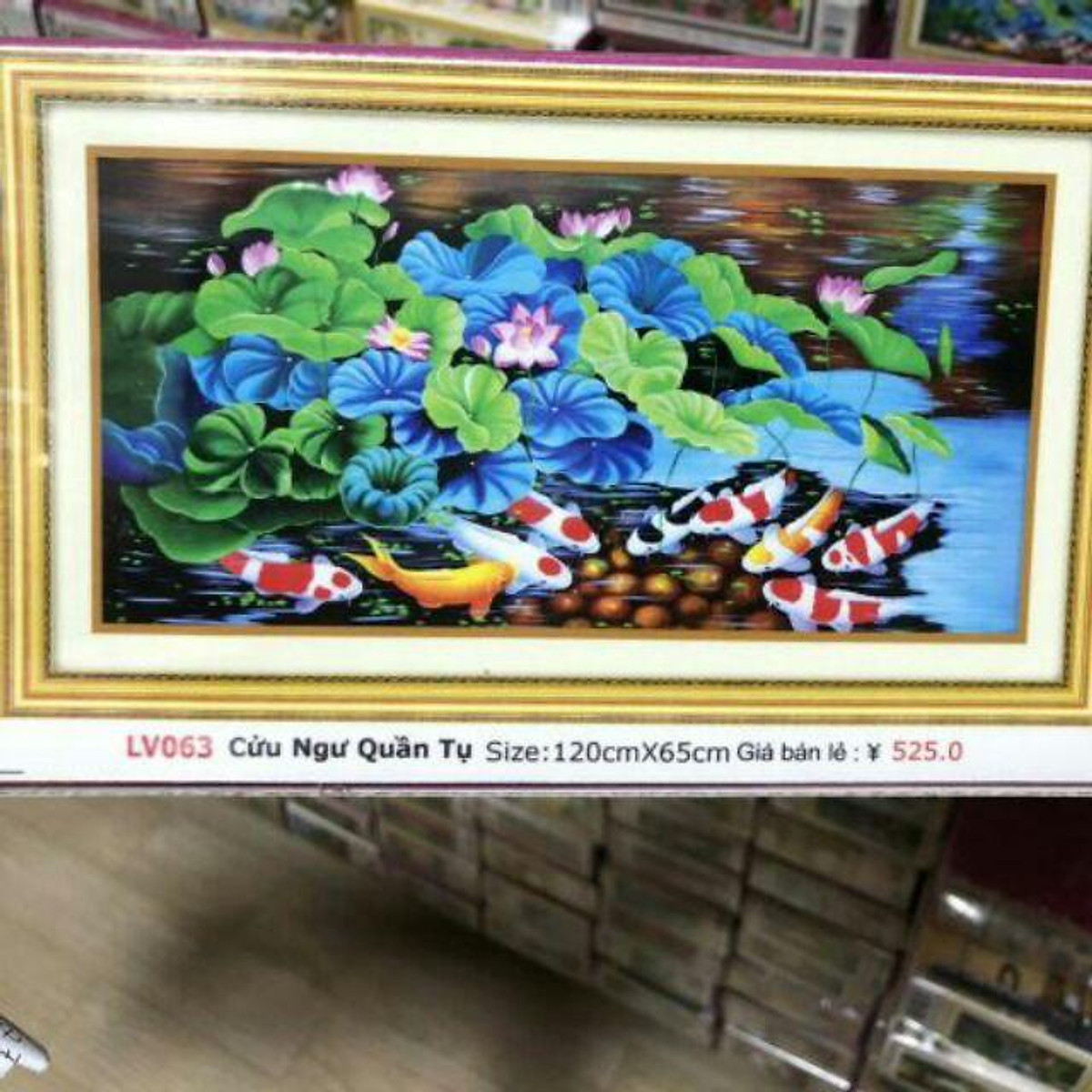 Tranh đính đá 3D  Cá Cửu Ngư Quân Hội Hoa Sen Phát Tài Thịnh Vượng Kích thước: 120×65 cm