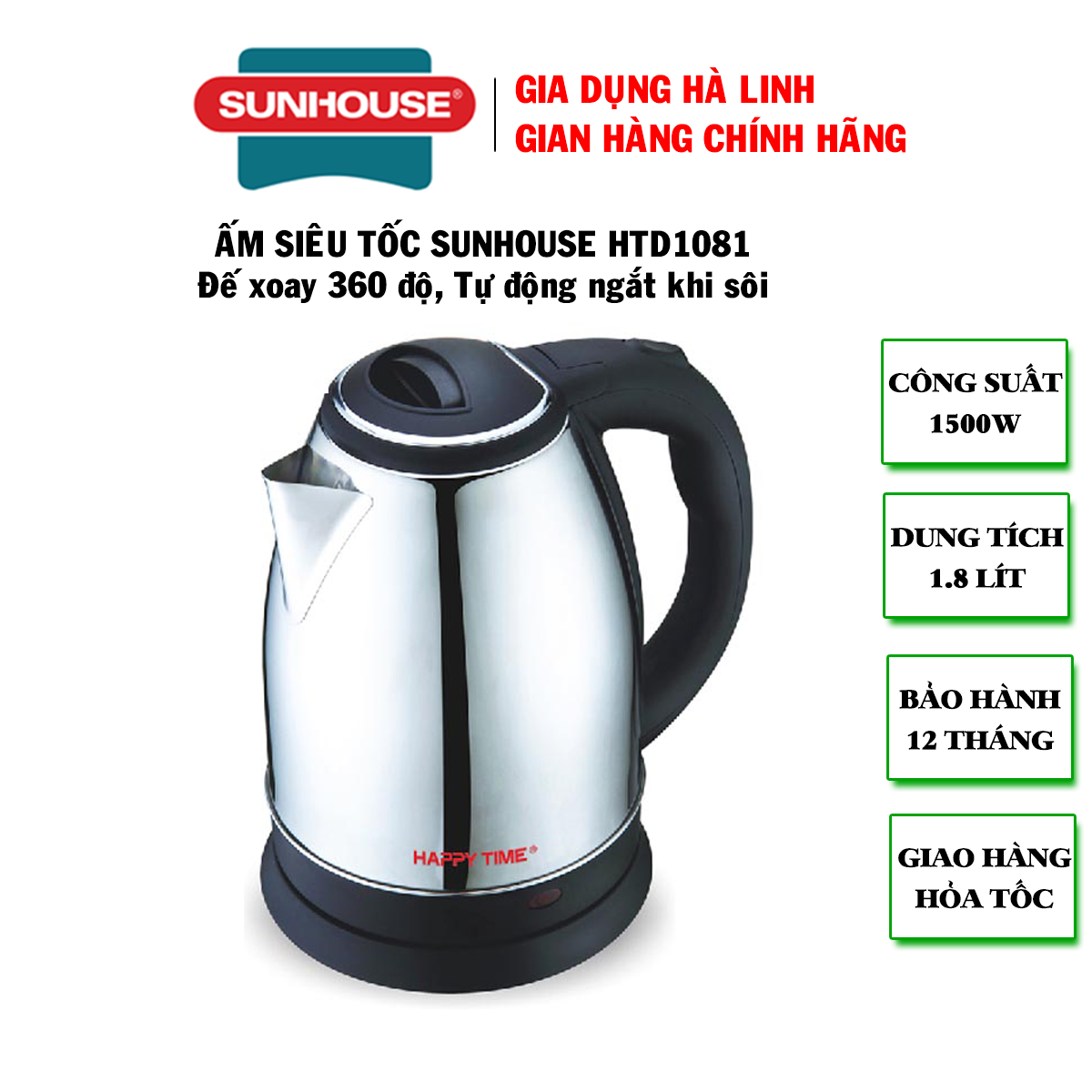Ấm siêu tốc Sunhouse Happy Time HTD1088 - Bình siêu tốc - Ấm điện siêu tốc - Ấm đun nước siêu tốc, Công suất 1500W, Dung tích 1,8 lít, Bảo hành 12 tháng