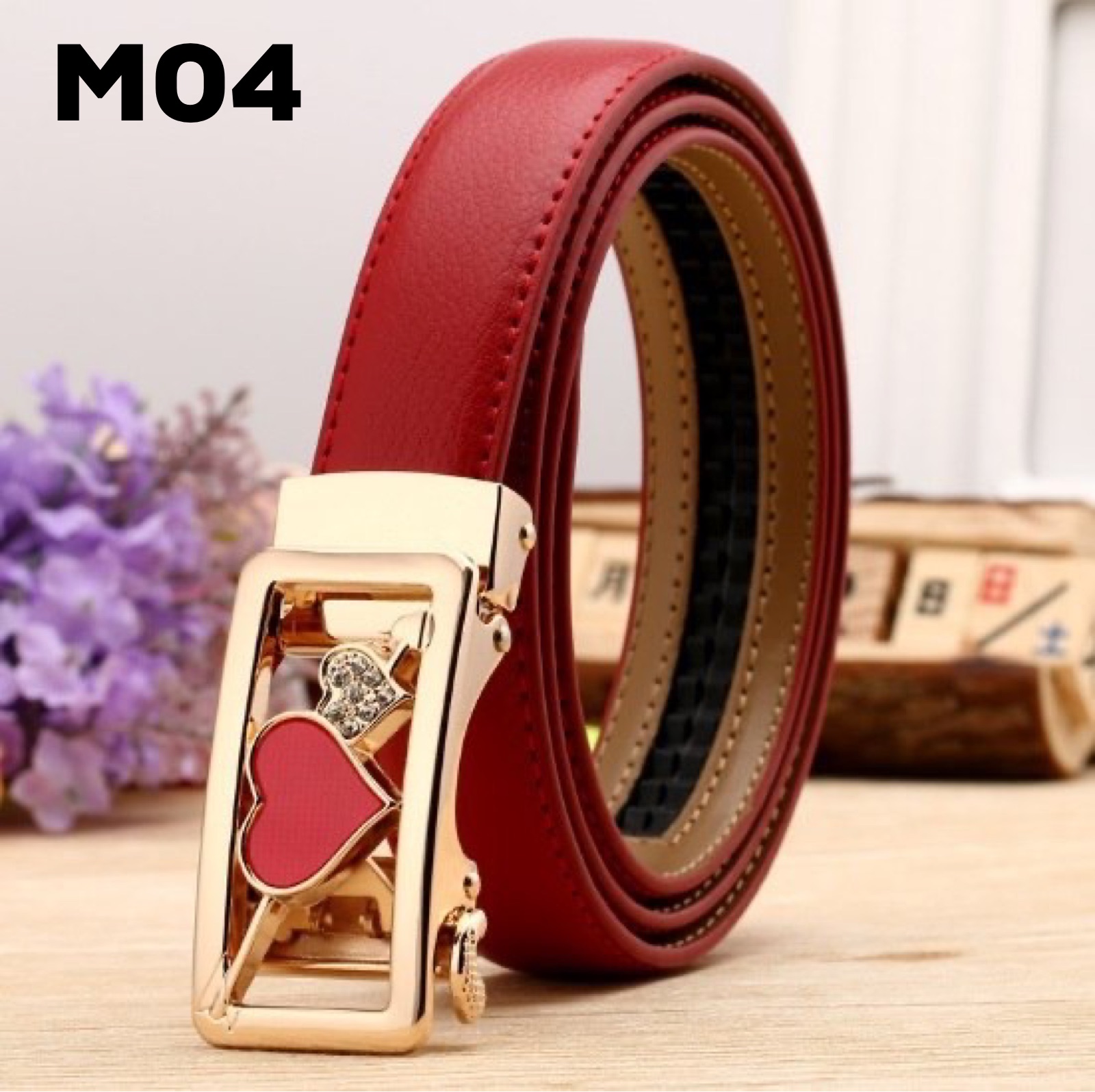 Thắt lưng nữ da bò khoá tự động - Màu đỏ