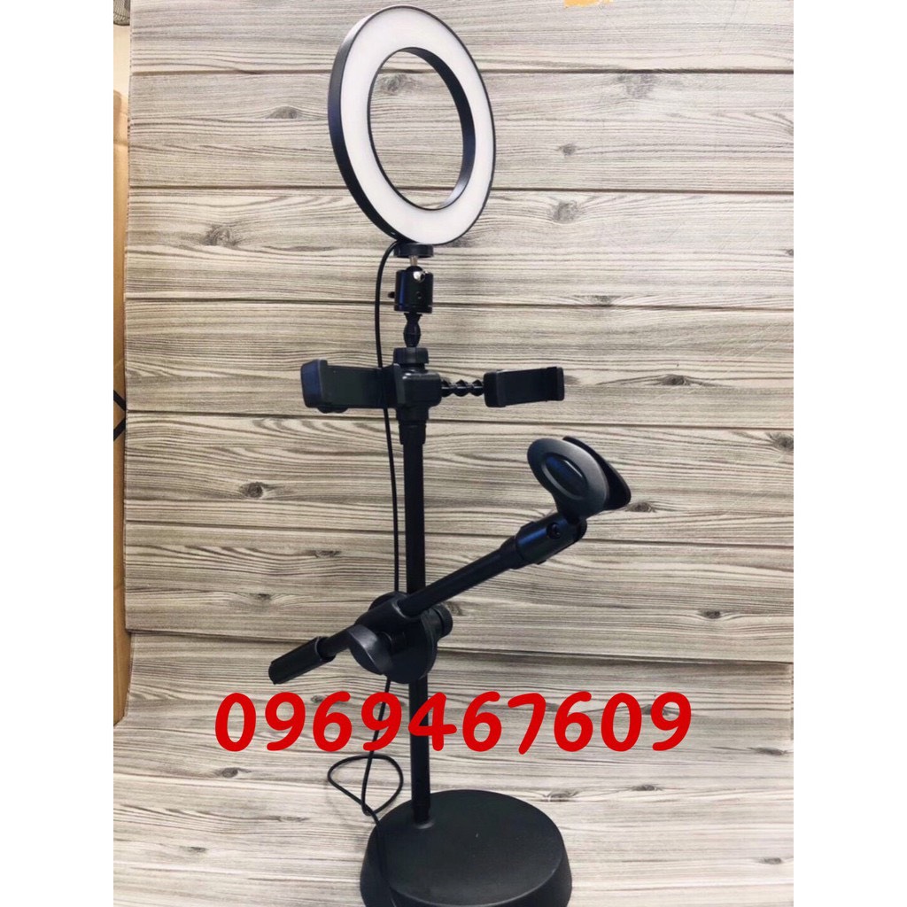 Đèn Live Stream 4 in 1 Để Bàn Có Chân Đỡ Micro LivesTream Hai Điện Thoại - Bộ Giá Đỡ