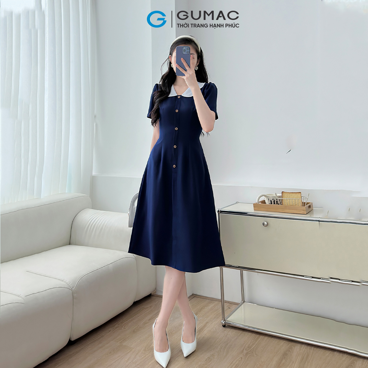 [MUA 2 GIẢM THÊM 50K] Đầm Dáng A Nữ GUMAC Váy Công Sở Phối Bâu Trắng Dáng Dài Qua Gối LDD1214